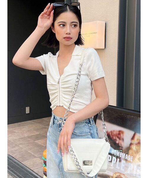 GYDA（ジェイダ）の「FRONT ZIP UP POLOニットトップス（ニット/セーター・レディース・イエロー/ブラック/オフホワイト・FREE）」の17枚目の写真