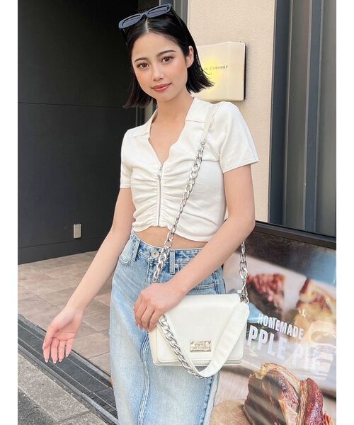 GYDA（ジェイダ）の「FRONT ZIP UP POLOニットトップス（ニット/セーター・レディース・イエロー/ブラック/オフホワイト・FREE）」の18枚目の写真