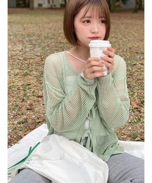 Green　Parks（グリーンパークス）の「SET2点 透かしカーデ+キャミソール（カーディガン/ボレロ・レディース・グリーン/ピンク・FREE）」の8枚目の写真