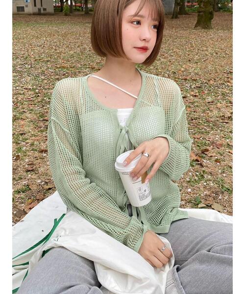 Green　Parks（グリーンパークス）の「SET2点 透かしカーデ+キャミソール（カーディガン/ボレロ・レディース・グリーン/ピンク・FREE）」の2枚目の写真