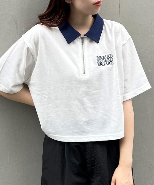 INGNI（イング）の「ハーフZIP襟配色胸ロゴショート丈Tシャツ（T