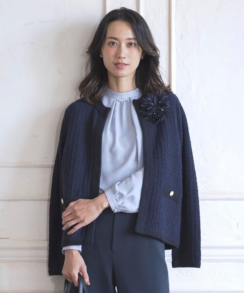 J.PRESS(ジェイプレス)の「【WEB限定カラーあり・洗える】TWEED ニット ジャケット(ノーカラージャケット・レディース・ブラック系5/ネイビー系5/ホワイト系5/ライトグレー系5・LARGE/MEDIUM)」の1枚目の写真