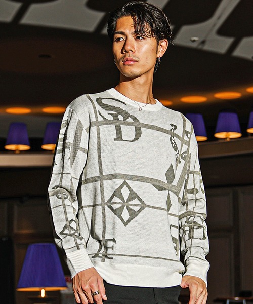 セール】【SOMEDIFF】13Gアクリル総柄長袖ニット メンズ ニット