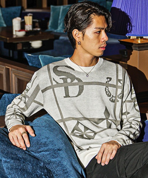 SOMEDIFF（サムディフ）の「【SOMEDIFF】13Gアクリル総柄長袖ニット メンズ ニットセーター 春服（ニット/セーター・メンズ・ブラック/ホワイト・M/L/XL）」の4枚目の写真
