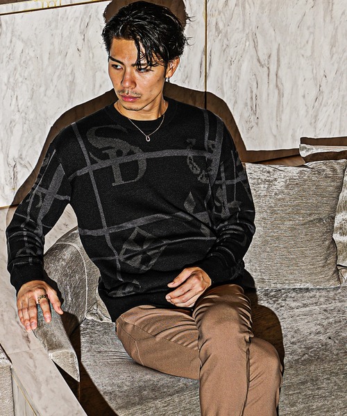 SOMEDIFF（サムディフ）の「【SOMEDIFF】13Gアクリル総柄長袖ニット メンズ ニットセーター 春服（ニット/セーター・メンズ・ブラック/ホワイト・M/L/XL）」の9枚目の写真