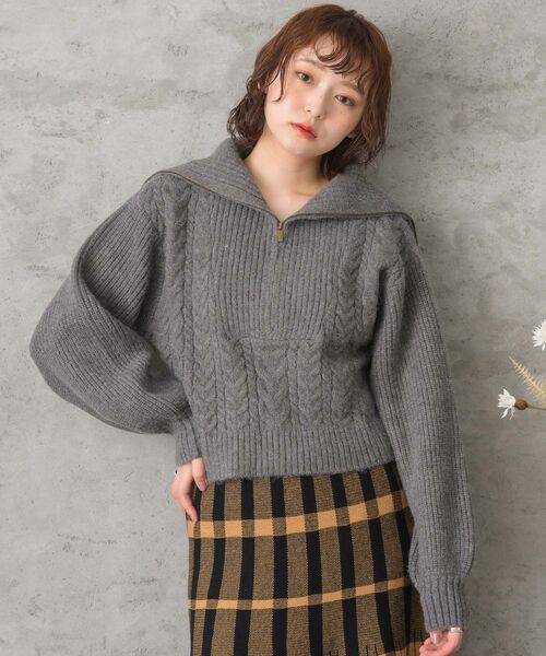 RETRO GIRL(レトロガール)の「ケーブルハーフジップニット(ニット/セーター・レディース・ダークグレー/ピンク/オフホワイト・FREE)」の13枚目の写真