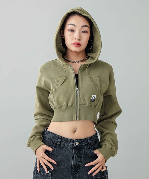 X-girl(エックスガール)の「FACE COMPACT ZIP UP HOODIE(パーカー・レディース・ブラック/オリーブ/アッシュ・S/M)」の13枚目の写真