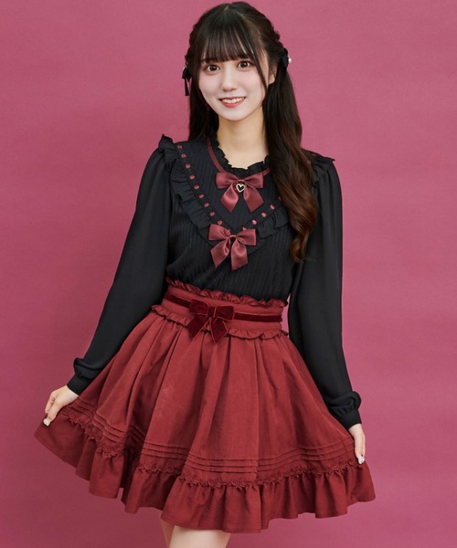 Secret Honey(シークレットハニー)の「Vヨークフリルテレコトップス(Tシャツ/カットソー・レディース・ブラック/オフホワイト・FREE)」の6枚目の写真