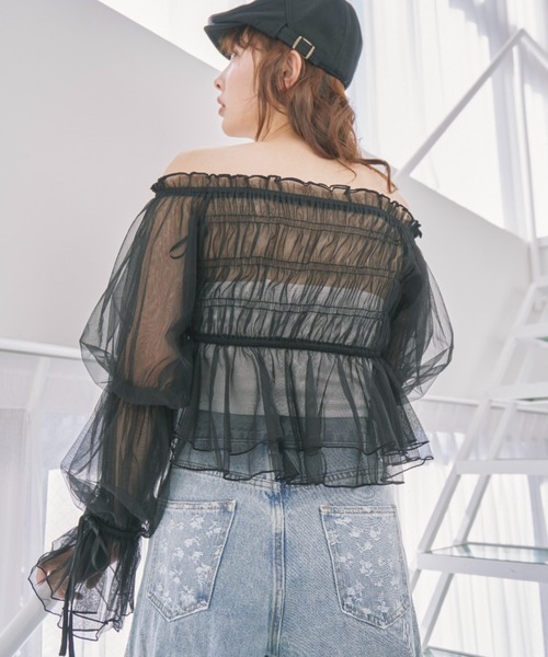 セール】【25ss】シャーリングオフショルチュールTOPS（シャツ