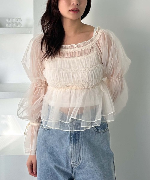 セール】【25ss】シャーリングオフショルチュールTOPS（シャツ
