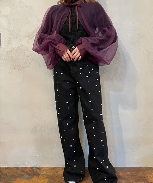 terrace(テラス)の「フロントパールゆるストレートデニムパンツ(デニムパンツ・レディース・ブルー/ブラック・MEDIUM)」の1枚目の写真