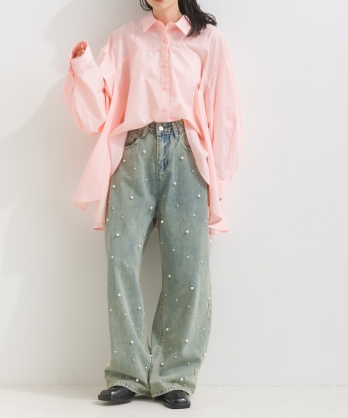 terrace(テラス)の「フロントパールゆるストレートデニムパンツ(デニムパンツ・レディース・ブルー/ブラック・MEDIUM)」の10枚目の写真