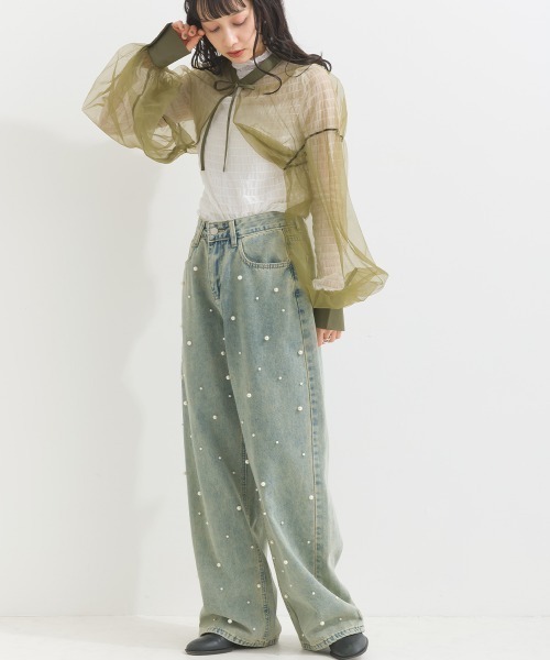 terrace(テラス)の「フロントパールゆるストレートデニムパンツ(デニムパンツ・レディース・ブルー/ブラック・MEDIUM)」の8枚目の写真