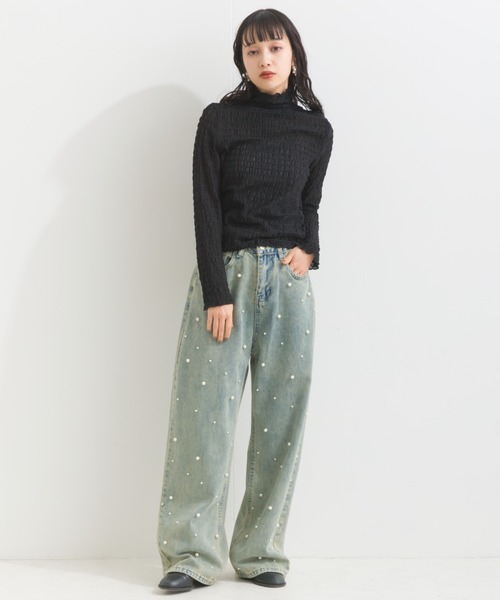 terrace(テラス)の「フロントパールゆるストレートデニムパンツ(デニムパンツ・レディース・ブルー/ブラック・MEDIUM)」の6枚目の写真