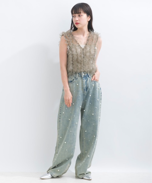 terrace(テラス)の「フロントパールゆるストレートデニムパンツ(デニムパンツ・レディース・ブルー/ブラック・MEDIUM)」の15枚目の写真