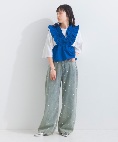 terrace(テラス)の「フロントパールゆるストレートデニムパンツ(デニムパンツ・レディース・ブルー/ブラック・MEDIUM)」の18枚目の写真