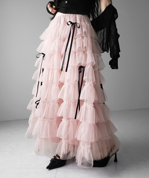 me+em select（ミームセレクト）の「【 新色ピンク追加！／５color 】ストラップリボンバレエコアチュールスカート ／strap ribbon ballet core tulle skirt（スカート・レディース・ブラック/アイボリー/ブラック系/アイボリー系/ピンク・FREE）」の5枚目の写真