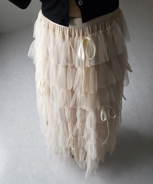 me+em select（ミームセレクト）の「【 ４color 】ストラップリボンバレエコアチュールスカート ／strap ribbon ballet core tulle skirt（スカート・レディース・ブラック/アイボリー/ブラック系/アイボリー系・FREE）」の5枚目の写真