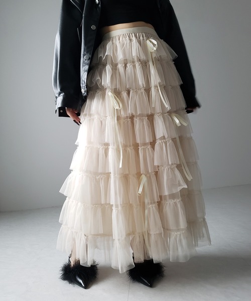 me+em select（ミームセレクト）の「【 ４color 】ストラップリボンバレエコアチュールスカート ／strap ribbon ballet core tulle skirt（スカート・レディース・ブラック/アイボリー/ブラック系/アイボリー系・FREE）」の15枚目の写真