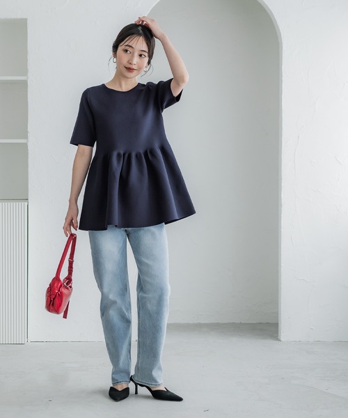 coca（coca）（コカ）の「スポンディッシュニットペプラムトップス（Tシャツ/カットソー・レディース・ブラック/アイボリー/ネイビー/ホワイト/グレイッシュベージュ/ライトピンク・M/L/S）」の7枚目の写真