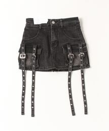 XU | ストリートファッション XU エックスユー strap denim mini skirt ストラップ デニムスカート ミニスカート 台形スカート カーゴデニムスカート ショート丈スカート 韓国ファッション Y2Kファッション(デニムスカート)