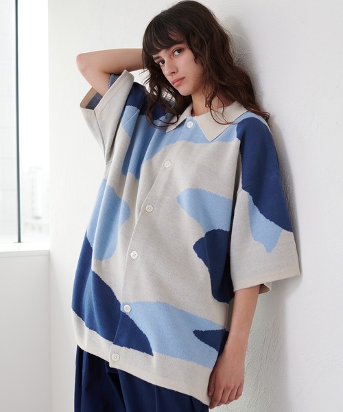 ONCILY（オンシェリー）の「NUANCE PATTERN KNIT SHIRT CARDIGAN / ニュアンスニットシャツカーディガン（シャツ/ブラウス・メンズ・ネイビー/ブラック/ブルー・MEDIUM/LARGE/SMALL）」の3枚目の写真