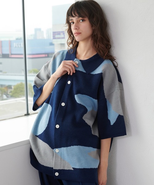 ONCILY（オンシェリー）の「NUANCE PATTERN KNIT SHIRT CARDIGAN / ニュアンスニットシャツカーディガン（シャツ/ブラウス・メンズ・ネイビー/ブラック/ブルー・MEDIUM/LARGE/SMALL）」の7枚目の写真