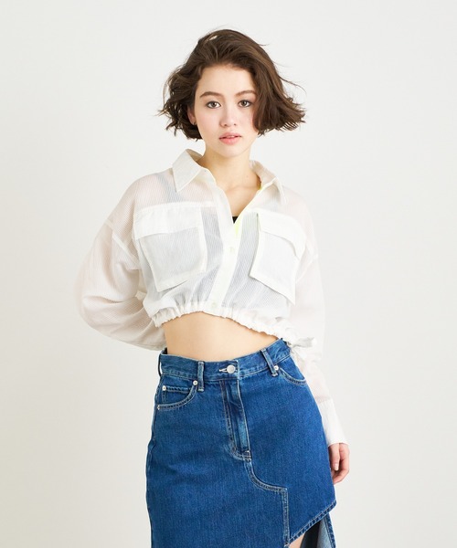 ANNA SUI NYC（アナ スイ エヌ ワイ シー）の「ANNA SUI NYC シアー配色ドロストショートシャツ（シャツ/ブラウス・レディース・ブルー/ホワイト/パープル・FREE）」の5枚目の写真