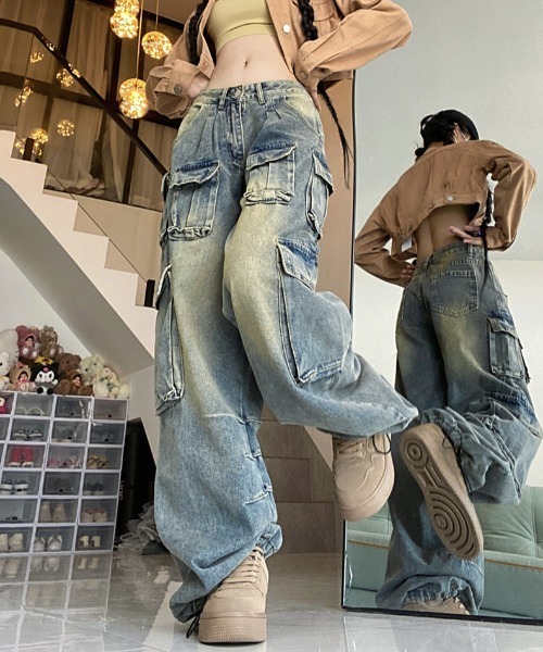 『.KOM/ドットケーオーエム』オーバーダイ デニムカーゴパンツ【Y】【CN】（デニムパンツ）｜.KOM（ドットコム）