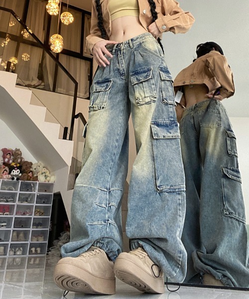 『.KOM/ドットケーオーエム』オーバーダイ デニムカーゴパンツ【Y】【CN】（デニムパンツ）｜.KOM（ドットコム）