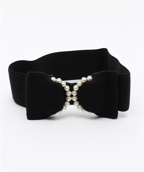 Dorry Doll（ドリードール）の「パール付きリボンモチーフ ゴムベルト（ベルト・レディース・ブラック×ゴールド/ブラック×シルバー・FREE）」の2枚目の写真
