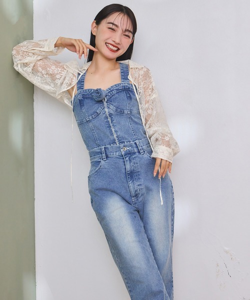 one after another NICE CLAUP（ワンアフターアナザーナイスクラップ）の「ローズブローチ付きビスチェセットパンツ（サロペット/オーバーオール・レディース・ブラック/サックスブルー/ブルー・MEDIUM/SMALL）」の16枚目の写真