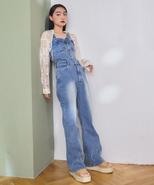 one after another NICE CLAUP（ワンアフターアナザーナイスクラップ）の「ローズブローチ付きビスチェセットパンツ（サロペット/オーバーオール・レディース・ブラック/サックスブルー/ブルー・MEDIUM/SMALL）」の17枚目の写真