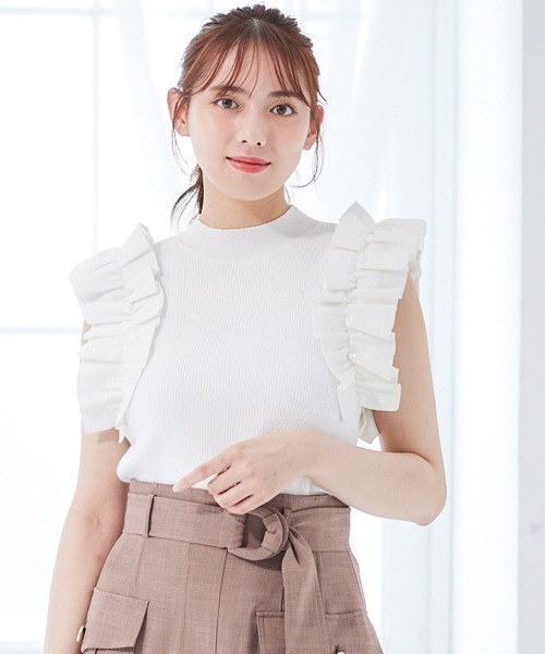 12Twelve Agenda（トゥエルブ　アジェンダ）の「スパンコールラメギャザースリーブニットプルオーバー（Tシャツ/カットソー・レディース・ブルー/ピンクベージュ/オフホワイト・M）」の2枚目の写真