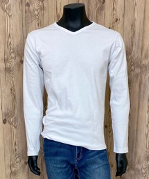 リブ 長袖 Vネック Tシャツ デイリーウェア