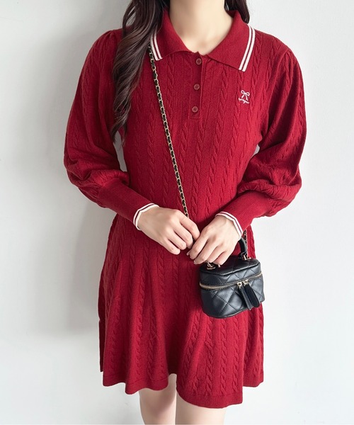 apres jour(アプレジュール)の「リボンポロニットミニワンピース【ZOZOTOWN限定アイテム】(ワンピース・レディース・ブラック/ピンク/アイボリー/ボルドー・X-LARGE/フリー)」の9枚目の写真