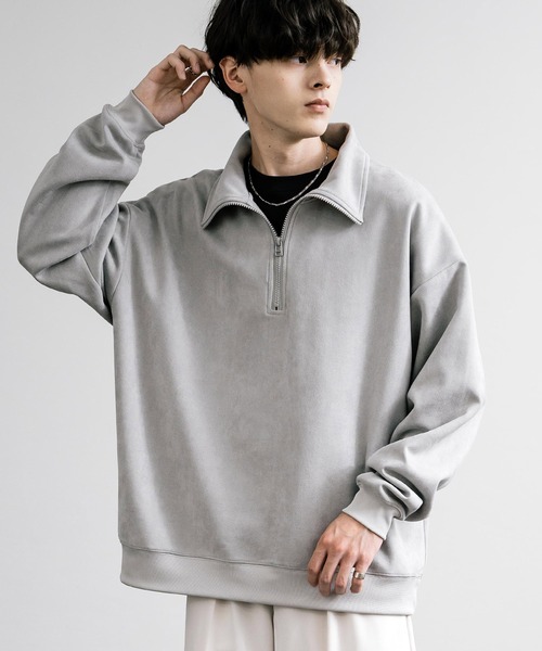 Rocky Monroe（ロッキーモンロー）の「オーバーサイズ カットスエードハーフジッププルオーバー（スウェット・メンズ・チャコール/ブラウン/ライトグレー/ブラック/グレイッシュベージュ・M/L/XL）」の4枚目の写真