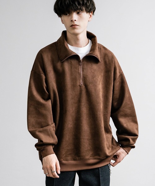 セール】オーバーサイズ カットスエードハーフジッププルオーバー