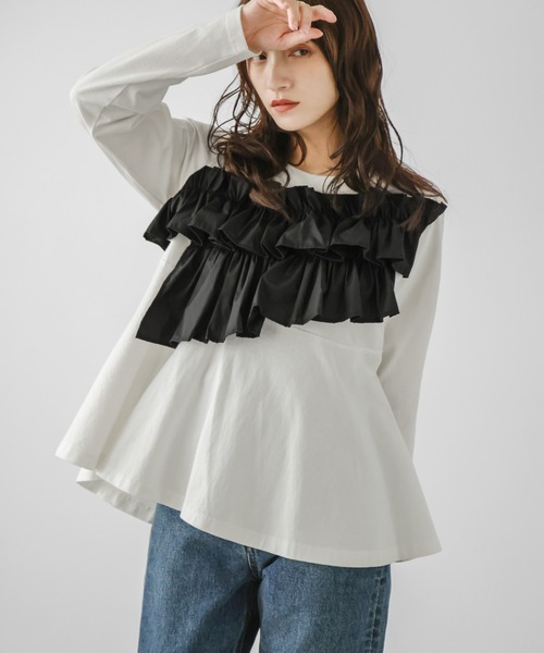 SUGAR BISKET(シュガービスケット)の「異素材ドッキングフリルペプラムロンT(Tシャツ/カットソー・レディース・ブラック/ホワイト/ホワイト×ブラック・フリー)」の18枚目の写真