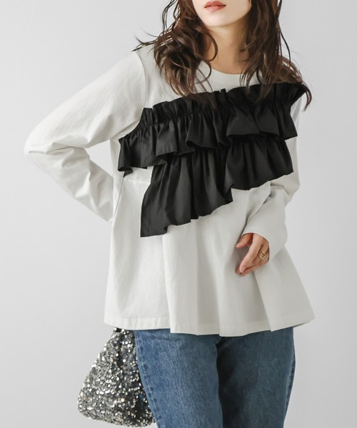 SUGAR BISKET(シュガービスケット)の「異素材ドッキングフリルペプラムロンT(Tシャツ/カットソー・レディース・ブラック/ホワイト/ホワイト×ブラック・フリー)」の19枚目の写真