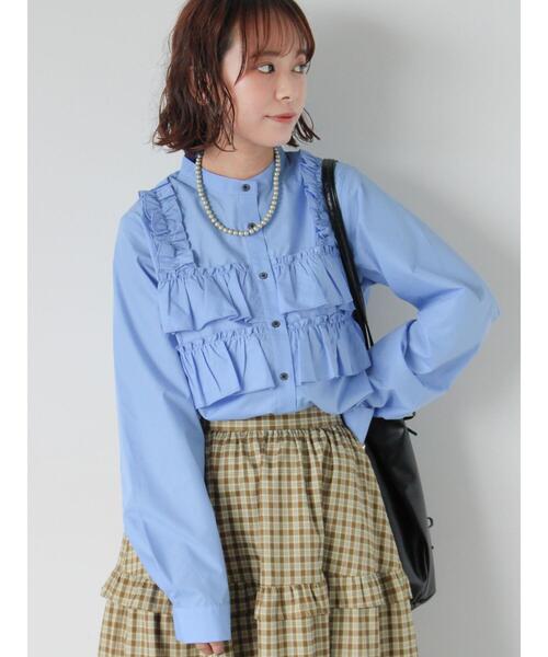 ehka sopo（エヘカソポ）の「フリル付バンドカラーシャツ（シャツ/ブラウス・レディース・ブルー/オフホワイト/ネイビー・F）」の3枚目の写真