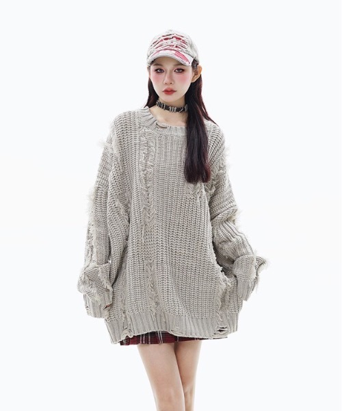 lilful(リルフル)の「Y2K クラッシュ加工 ベーシックカラールーズニット(ニット/セーター・レディース・ブラック/グレー・M/L)」の6枚目の写真