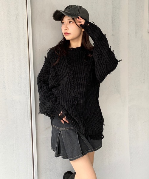 lilful(リルフル)の「Y2K クラッシュ加工 ベーシックカラールーズニット(ニット/セーター・レディース・ブラック/グレー・M/L)」の14枚目の写真