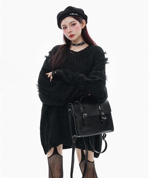 lilful(リルフル)の「Y2K クラッシュ加工 ベーシックカラールーズニット(ニット/セーター・レディース・ブラック/グレー・M/L)」の19枚目の写真