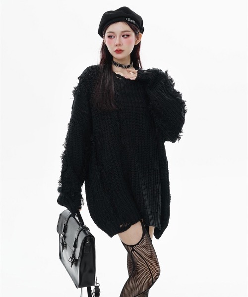 lilful(リルフル)の「Y2K クラッシュ加工 ベーシックカラールーズニット(ニット/セーター・レディース・ブラック/グレー・M/L)」の20枚目の写真