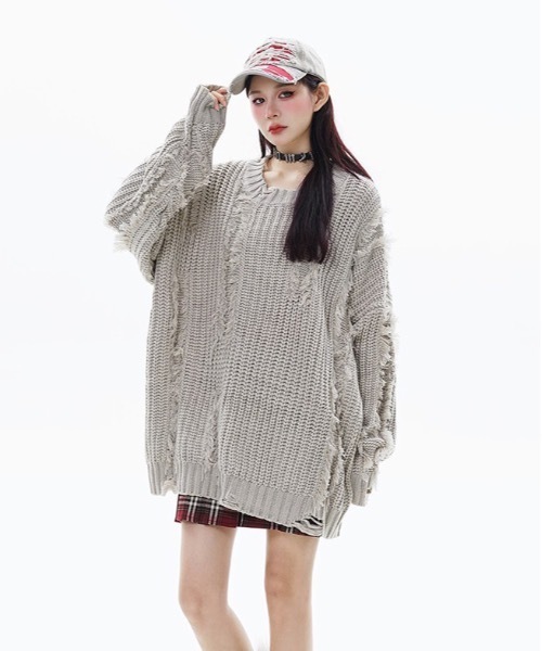 lilful(リルフル)の「Y2K クラッシュ加工 ベーシックカラールーズニット(ニット/セーター・レディース・ブラック/グレー・M/L)」の21枚目の写真