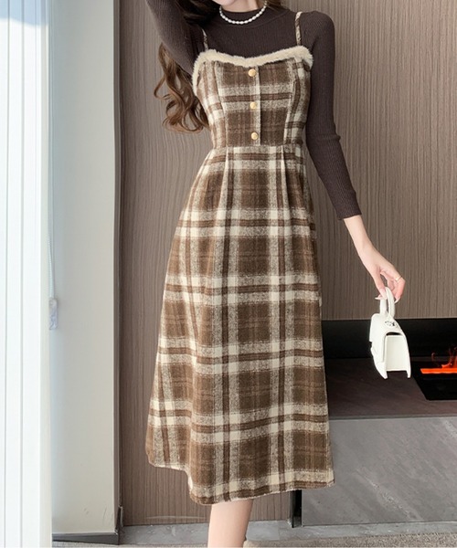 ファー付きチェック柄ワンピース（ワンピース）｜AMAJI（アマジ）