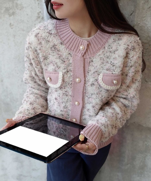 CORNERS（コーナーズ）の「カラーネップノーカラーニットジャケット（カーディガン/ボレロ・レディース・ベージュ/ブルー/グレー/ピンク・M）」の22枚目の写真