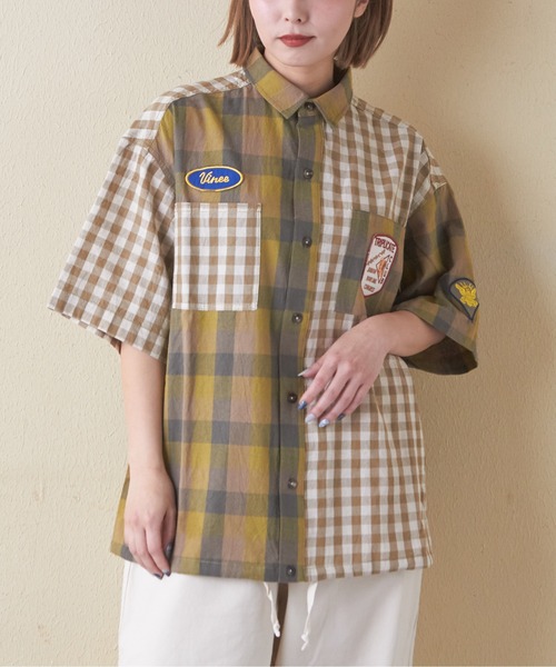 CUBE SUGAR（キューブシュガー）の「ギンガムチェック組合せ裾ドロストシャツ（シャツ/ブラウス・レディース・カーキ/ブラック/ブルー・M）」の3枚目の写真