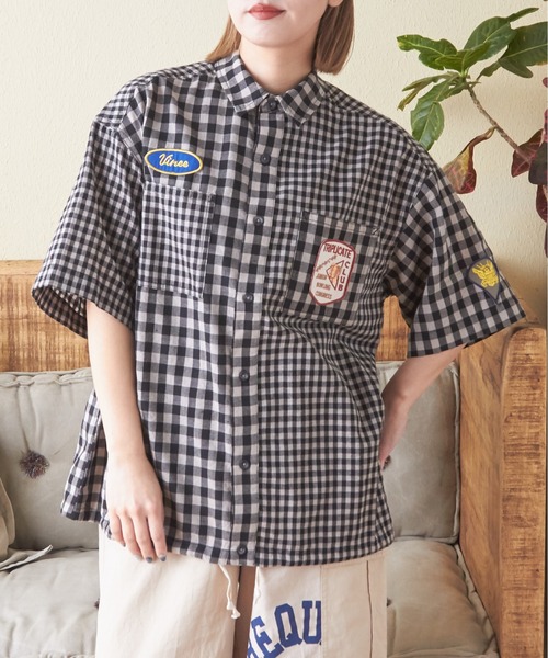 CUBE SUGAR（キューブシュガー）の「ギンガムチェック組合せ裾ドロストシャツ（シャツ/ブラウス・レディース・カーキ/ブラック/ブルー・M）」の5枚目の写真